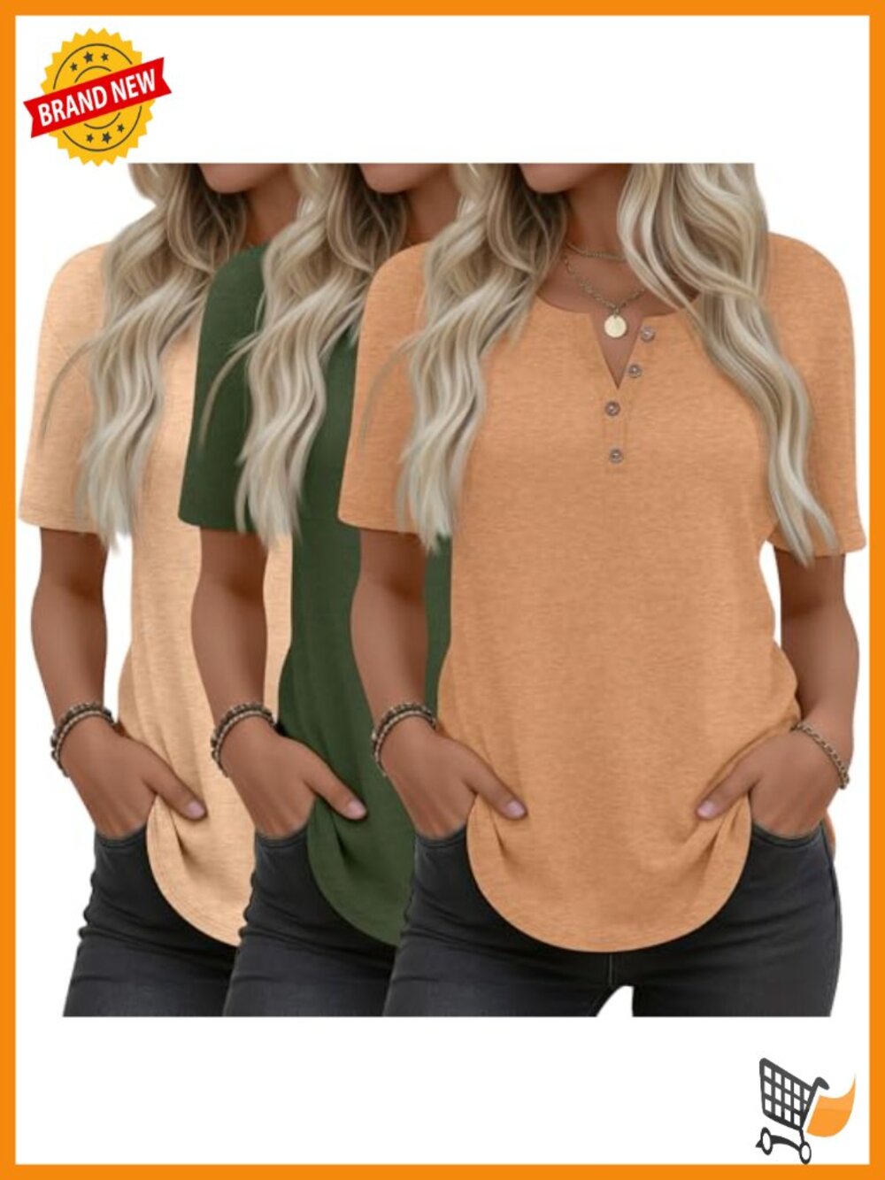 3 Pack Women's Henley T-Shirts Curved Hem Crew Neck Short Sleeve Button Tops